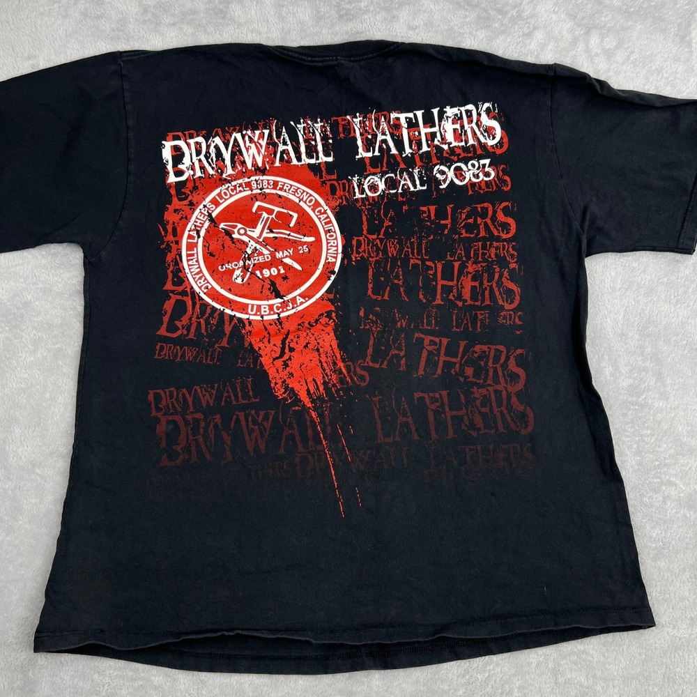 Union Line Drywall Lathers Local 9083 Pocket T-Shirt 2XL Black Men Workwear USA
